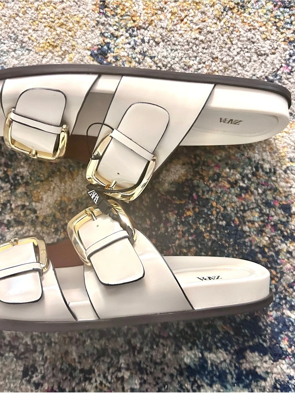 Zara White Double-Strap Slide Sandals with Gold Buckles - Picture 3 of 5